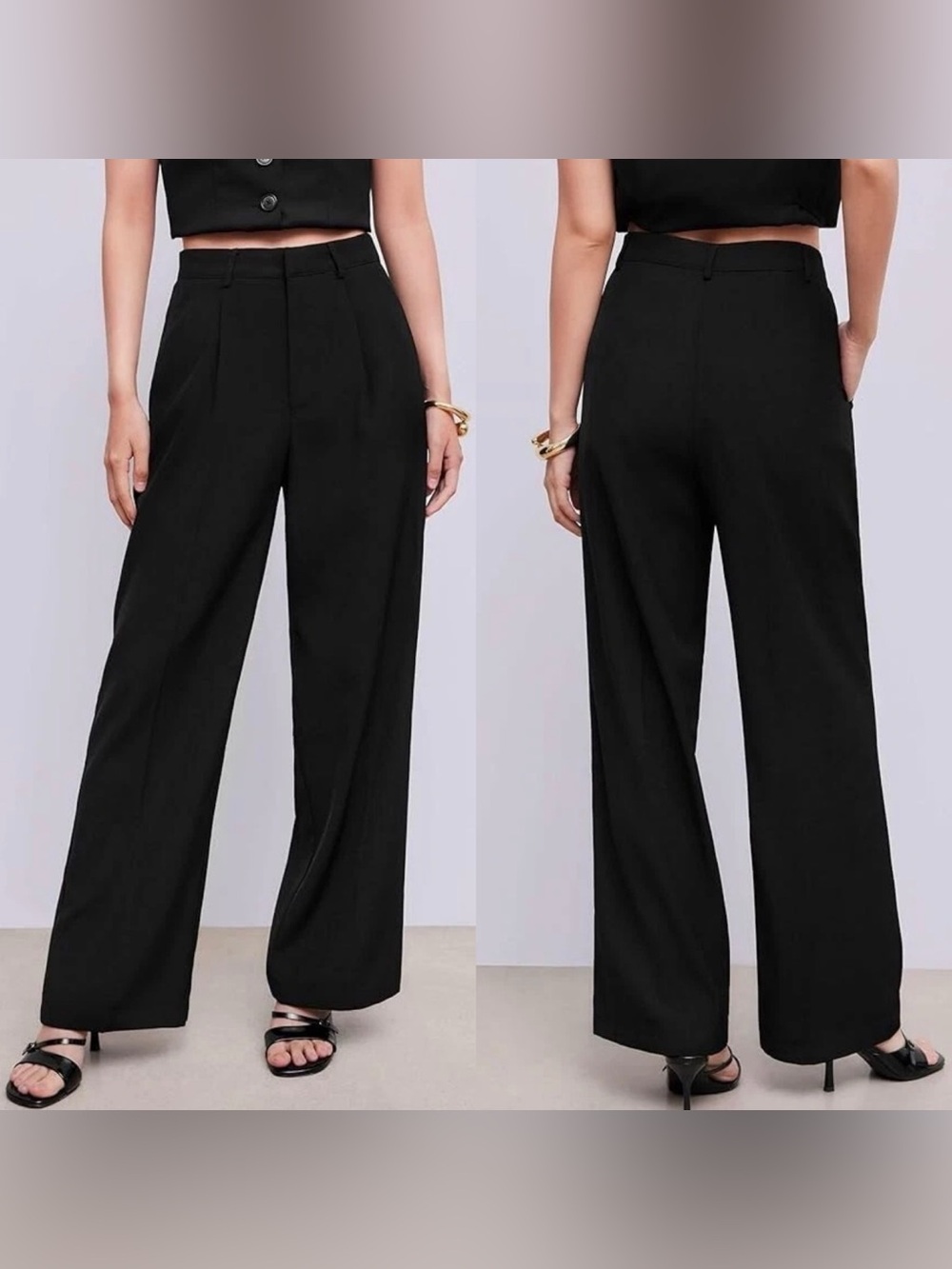Cider High Waist Pleated Wide Leg Pants Black M
